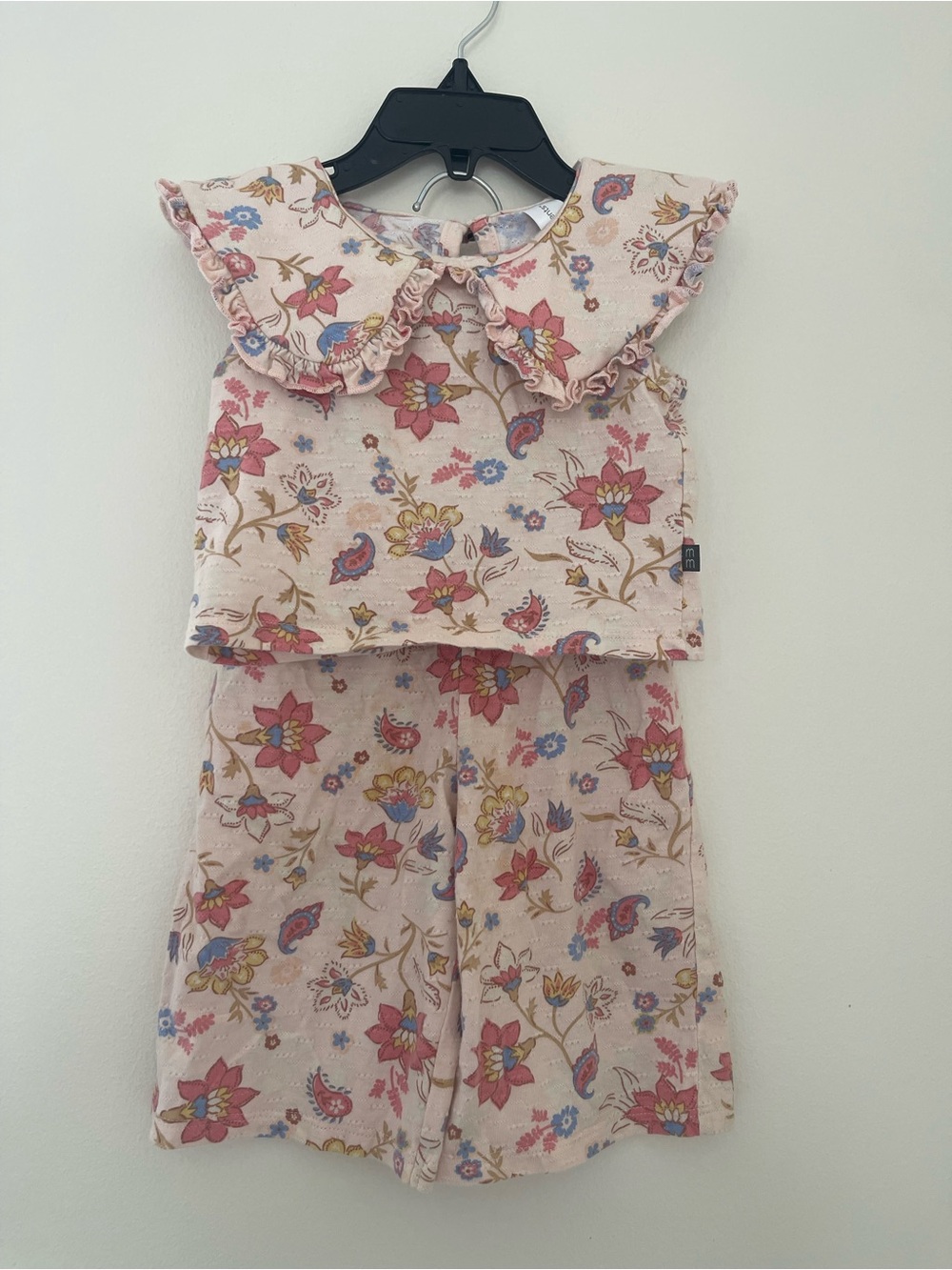 Girls Floral Two-Piece Set with Ruffle Collar - Pink Floral